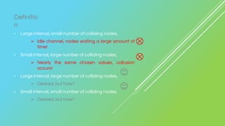 • Large interval, small number of colliding nodes,
➢ Idle channel, nodes waiting a large amount of
time!
• Small interval, large number of colliding nodes,
➢ Nearly the same chosen values, collusion
occurs!
• Large interval, large number of colliding nodes,
➢ Desired, but how?
• Small interval, small number of colliding nodes,
➢ Desired, but how?
Definitio
n
 