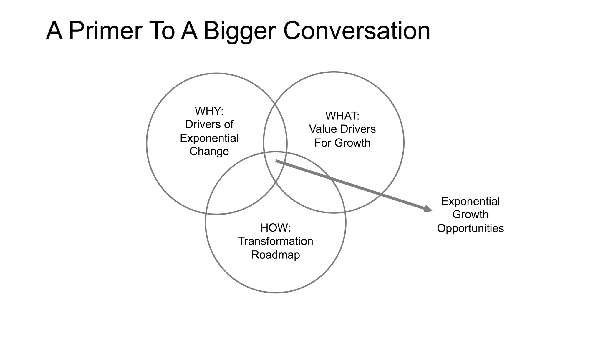 A Primer To A Bigger Conversation
WHAT:
Value Drivers
For Growth
WHY:
Drivers of
Exponential
Change
HOW:
Transformation
Roadmap
Exponential
Growth
Opportunities
 