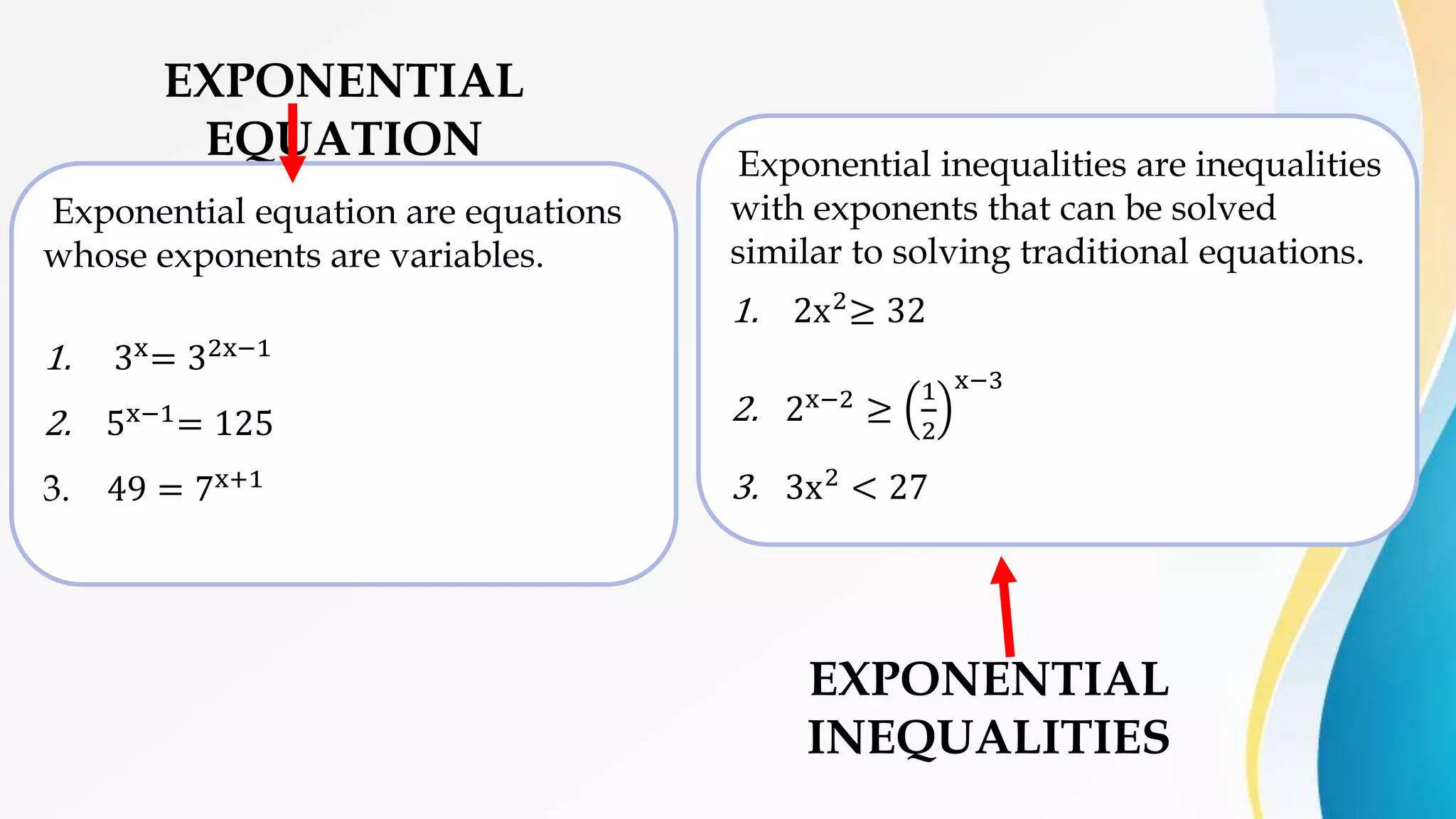 EXPONENTIAL
EQUATION
EXPONENTIAL
INEQUALITIES
Exponential equation are equations
whose exponents are variables.
1. 3x= 32x−1
2. 5x−1= 125
3. 49 = 7x+1
Exponential inequalities are inequalities
with exponents that can be solved
similar to solving traditional equations.
1. 2x2≥ 32
2. 2x−2
≥
1
2
x−3
3. 3x2 < 27
 