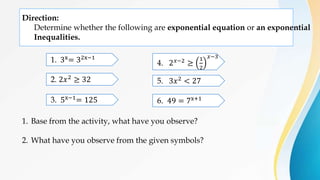 Direction:
Determine whether the following are exponential equation or an exponential
Inequalities.
1. 3x
= 32x−1
2. 2𝑥2 ≥ 32
3. 5x−1= 125
5. 3𝑥2 < 27
4. 2𝑥−2
≥
1
2
𝑥−3
6. 49 = 7x+1
1. Base from the activity, what have you observe?
2. What have you observe from the given symbols?
 