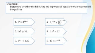 Direction:
Determine whether the following are exponential equation or an exponential
inequalities
1. 3x= 32x−1
2. 2𝑥2 ≥ 32
3. 5x−1= 125
5. 3𝑥2 < 27
4. 2𝑥−2 ≥
1
2
𝑥−3
6. 49 = 7x+1
 