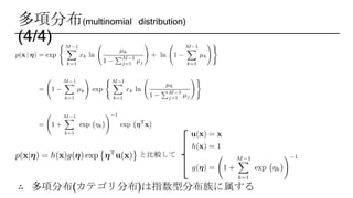 多項分布(multinomial distribution)
(4/4)
と比較して
∴ 多項分布(カテゴリ分布)は指数型分布族に属する
 