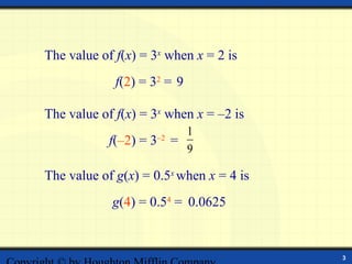 The value of f(x) = 3x when x = 2 is
             f(2) = 32 = 9

The value of f(x) = 3x when x = –2 is
                               1
            f(–2) = 3   –2
                             =
                               9

The value of g(x) = 0.5x when x = 4 is
            g(4) = 0.54 = 0.0625


                                         3
 
