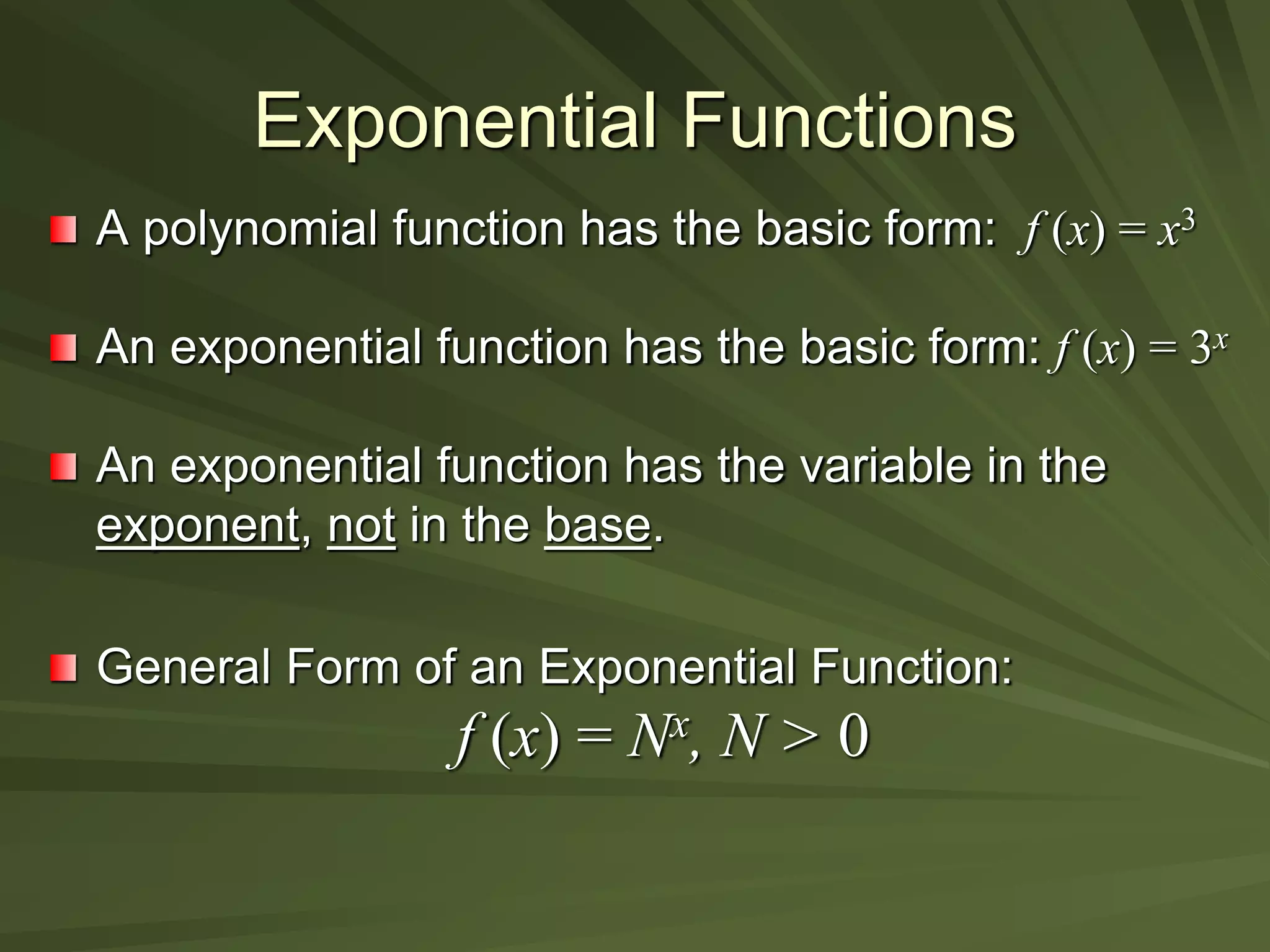 Exponential Functions
A polynomial function has the basic form: f (x) = x3
An exponential function has the basic form: f (x) = 3x
An exponential function has the variable in the
exponent, not in the base.
General Form of an Exponential Function:
f (x) = Nx, N > 0
 