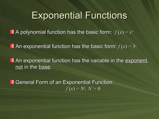 Exponential Functions
Exponential Functions
A polynomial function has the basic form:
A polynomial function has the basic form: f
f (
(x
x) =
) = x
x3
3
An exponential function has the basic form:
An exponential function has the basic form: f
f (
(x
x) = 3
) = 3x
x
An exponential function has the variable in the
An exponential function has the variable in the exponent
exponent,
,
not
not in the
in the base
base.
.
General Form of an Exponential Function:
General Form of an Exponential Function:
f
f (
(x
x) =
) = N
Nx
x
, N >
, N > 0
0
 