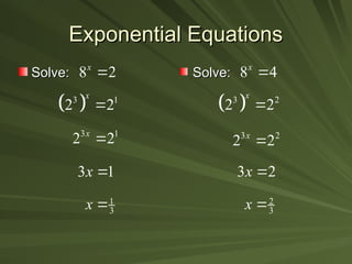 Exponential Equations
Exponential Equations
8 4
x

 
3 2
2 2
x

3 2
x 
2
3
x 
3 2
2 2
x

8 2
x

 
3 1
2 2
x

3 1
x 
1
3
x 
3 1
2 2
x

Solve:
Solve: Solve:
Solve:
 