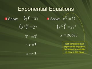 Exponential Equations
Exponential Equations
1
3
27
x 
 
1
3
3
3
27
x 
19,683
x 
 
1
3 27
x

 
1
3 27
x


3
x
 
3
x 
3
3 3
x


Not considered an
exponential equation,
because the variable
is now in the base.
Solve:
Solve: Solve:
Solve:
 