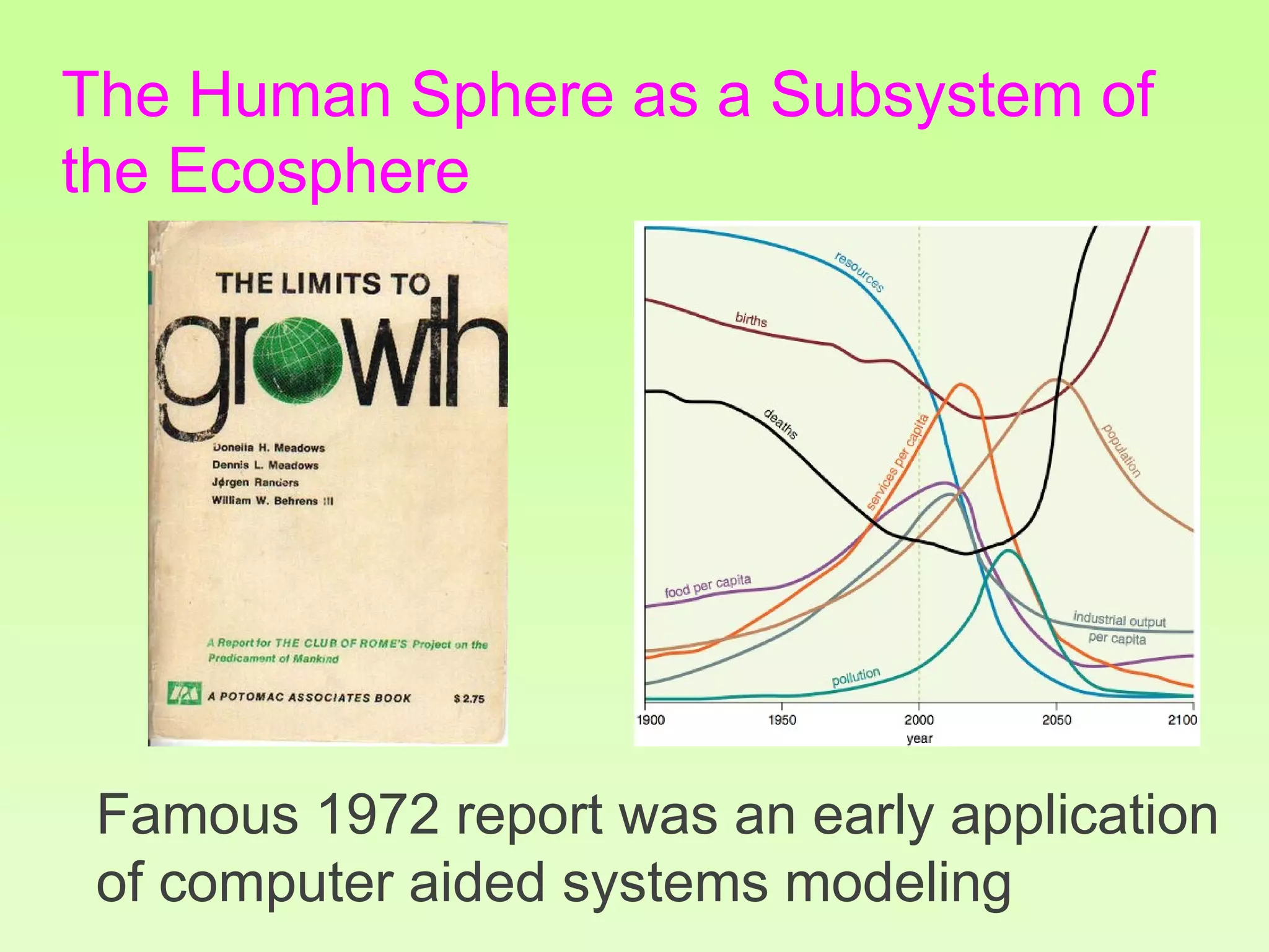 Famous 1972 report was an early application
of computer aided systems modeling
The Human Sphere as a Subsystem of
the Ecosphere
 