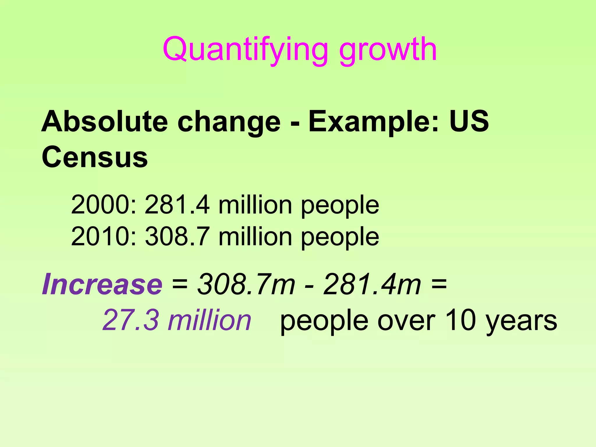 Quantifying growth
Absolute change - Example: US
Census
2000: 281.4 million people
2010: 308.7 million people
Increase = 308.7m - 281.4m =
27.3 million people over 10 years
 