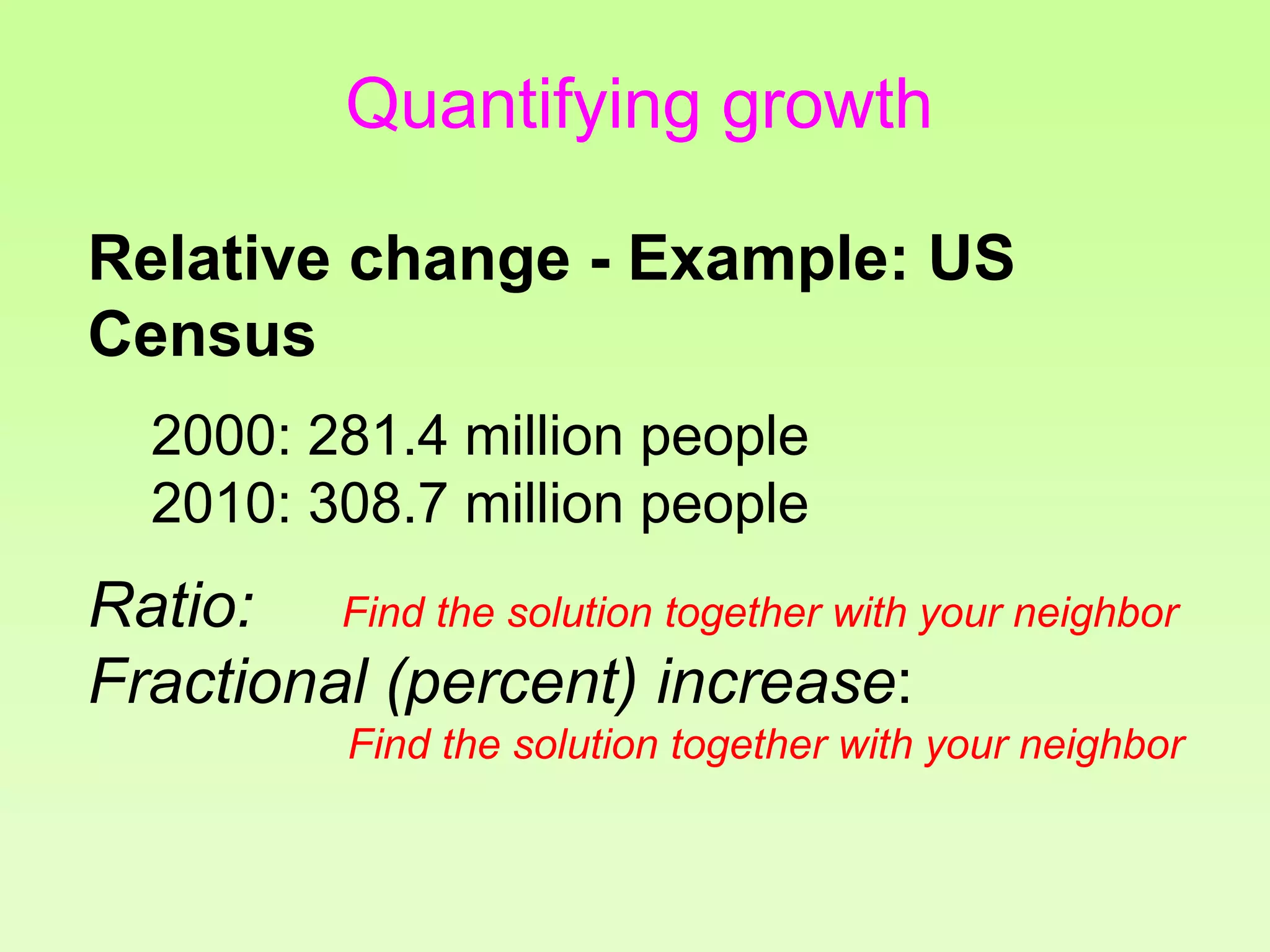Quantifying growth
Relative change - Example: US
Census
2000: 281.4 million people
2010: 308.7 million people
Ratio: Find the solution together with your neighbor
Fractional (percent) increase:
Find the solution together with your neighbor
 