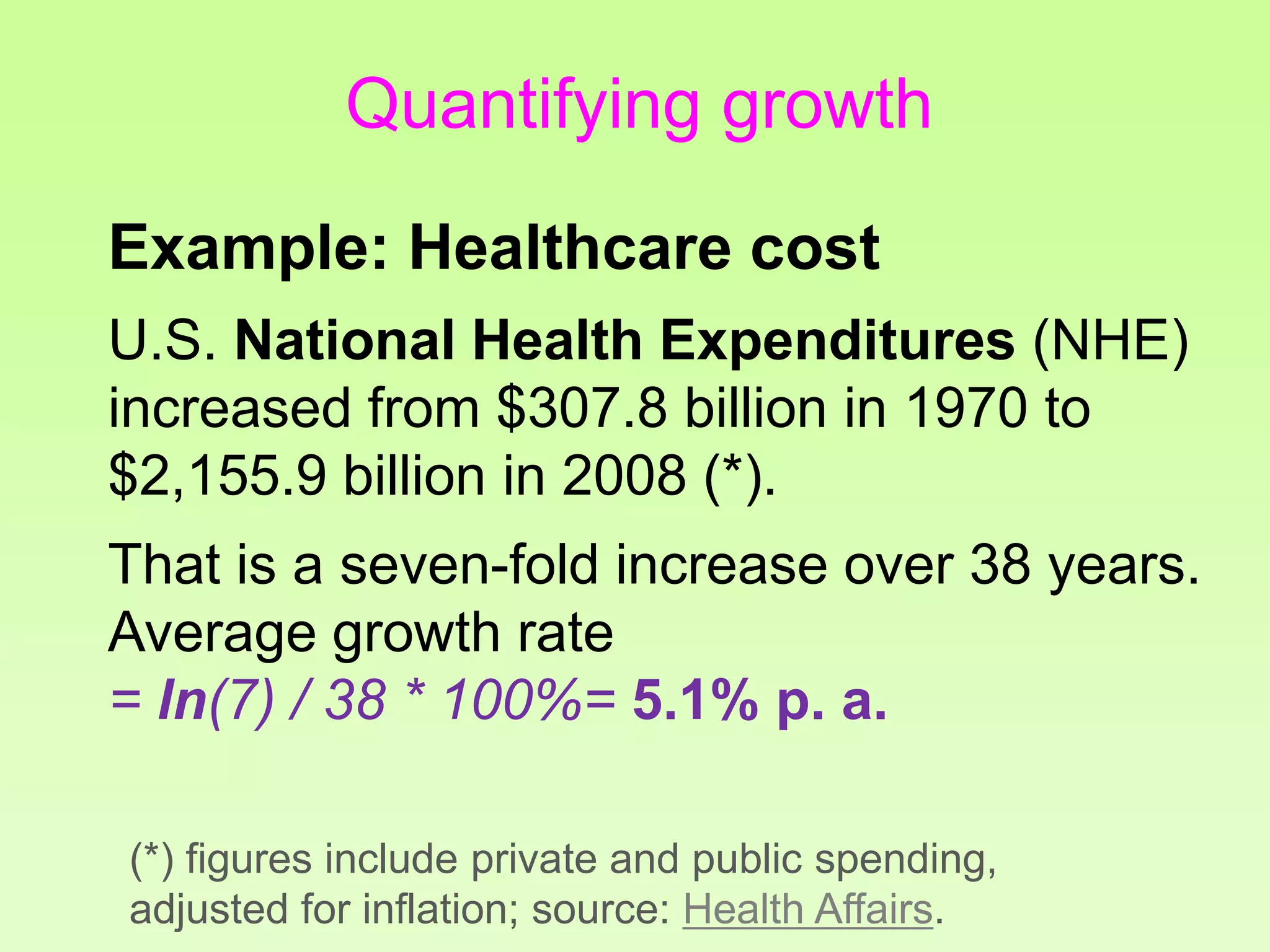 Quantifying growth
Example: Healthcare cost
U.S. National Health Expenditures (NHE)
increased from $307.8 billion in 1970 to
$2,155.9 billion in 2008 (*).
That is a seven-fold increase over 38 years.
Average growth rate
= ln(7) / 38 * 100%= 5.1% p. a.
(*) figures include private and public spending,
adjusted for inflation; source: Health Affairs.
 