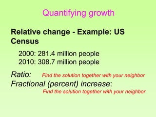 Quantifying growth
Relative change - Example: US
Census
2000: 281.4 million people
2010: 308.7 million people
Ratio: Find the solution together with your neighbor
Fractional (percent) increase:
Find the solution together with your neighbor
 
