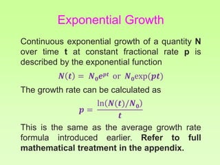 Continuous exponential growth of a quantity N
over time t at constant fractional rate p is
described by the exponential function
𝑵 𝒕 = 𝑵 𝟎 𝒆 𝒑𝒕 or 𝑵 𝟎exp(𝒑𝒕)
The growth rate can be calculated as
𝒑 =
ln 𝑵(𝒕)/𝑵 𝟎
𝒕
This is the same as the average growth rate
formula introduced earlier. Refer to full
mathematical treatment in the appendix.
Exponential Growth
 
