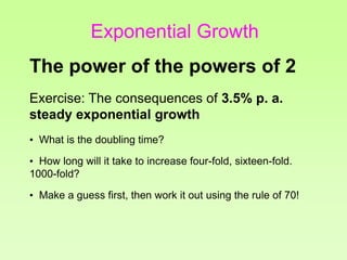 Exercise: The consequences of 3.5% p. a.
steady exponential growth
• What is the doubling time?
• How long will it take to...