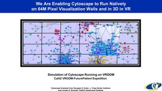 We Are Enabling Cytoscape to Run Natively 
on 64M Pixel Visualization Walls and in 3D in VR 
Simulation of Cytoscape Running on VROOM 
Calit2 VROOM-FuturePatient Expedition 
Cytoscape Example from Douglas S. Greer, J. Craig Venter Institute 
and Jurgen P. Schulze, Calit2’s Qualcomm Institute 
 