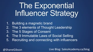 @ShaneGibson Live Blog: SalesAcademy.ca/blog
The Exponential
Influencer Strategy
1. Building a magnetic brand
2. The 3 elements of Thought Leadership
3. The 5 Stages of Consent
4. The 9 Immutable Laws of Social Selling
5. Recruiting and connecting with influencers
 