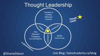 @ShaneGibson Live Blog: SalesAcademy.ca/blog
Thought Leadership
Creates or
Curates
Relevant
Content
Builds
Community
Has
Relevant
Engaging
Conversations
networker
 
