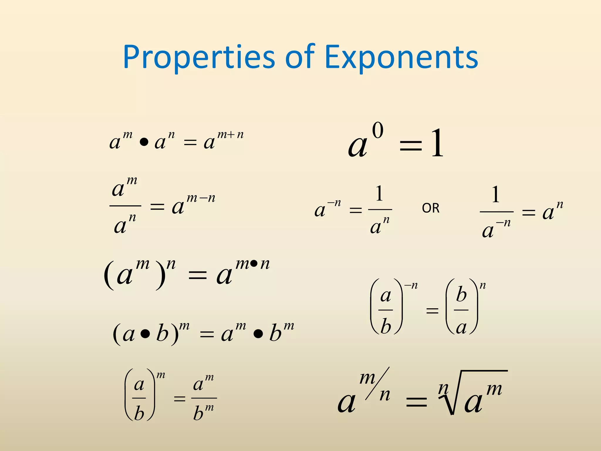 Properties of Exponents

am
 an
 am n

am
an
 amn
(am
)n
 amn

(a  b)m
 am
 bm
a
b






m

am
bm

a0
1

an

1
an

1
an
 an

a
b






n

b
a






n
a
m
n
 am
n
OR
 