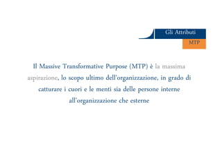 Gli AttributiGli Attributi
MTPMTP
Il Massive Transformative Purpose (MTP) è la massima
aspirazione, lo scopo ultimo dell’organizzazione, in grado di
Ars et Inventio
aspirazione, lo scopo ultimo dell’organizzazione, in grado di
catturare i cuori e le menti sia delle persone interne
all’organizzazione che esterne
 