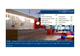 Le migliori ExOs
Ars et Inventio
Google – Il gigante delle ricerche ha molte iniziative dalla crescita esponenziale: pensate a PageRank, Adwords, Google+,
Google Fiber e Android. O, anche, GoogleX con i suoi progetti “moonshot” come i Google Glass e le auto a guida
autonoma.
 