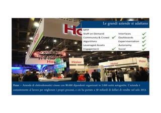 Le grandi aziende si adattano
Ars et Inventio
Haier – Azienda di elettrodomestici cinese con 80.000 dipendenti organizzati in 2.000 unità autogestite. L’azienda è
costantemente al lavoro per migliorare i propri processi, e ciò ha portato a 30 miliardi di dollari di vendite nel solo 2013.
 