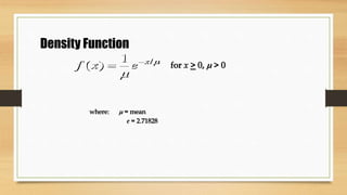 f x e x
( ) /
 1


for x > 0,  > 0
Density Function
where:  = mean
e = 2.71828
 