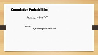 Cumulative Probabilities
P x x e x
( ) /
   
0 1 o 
where:
x0 = some specific value of x
 