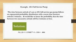Example: Al’s Full-Service Pump
The time between arrivals of cars at Al’s full-service gas pump follows
an exponential probability distribution with a mean time between
arrivals 3 minutes. Al would like to know the probability that the time
between two successive arrivals will be 2 minutes or less.
P(x < 2) = 1 - 2.71828-2/3 = 1 - .5134 = .4866
Solution:
 