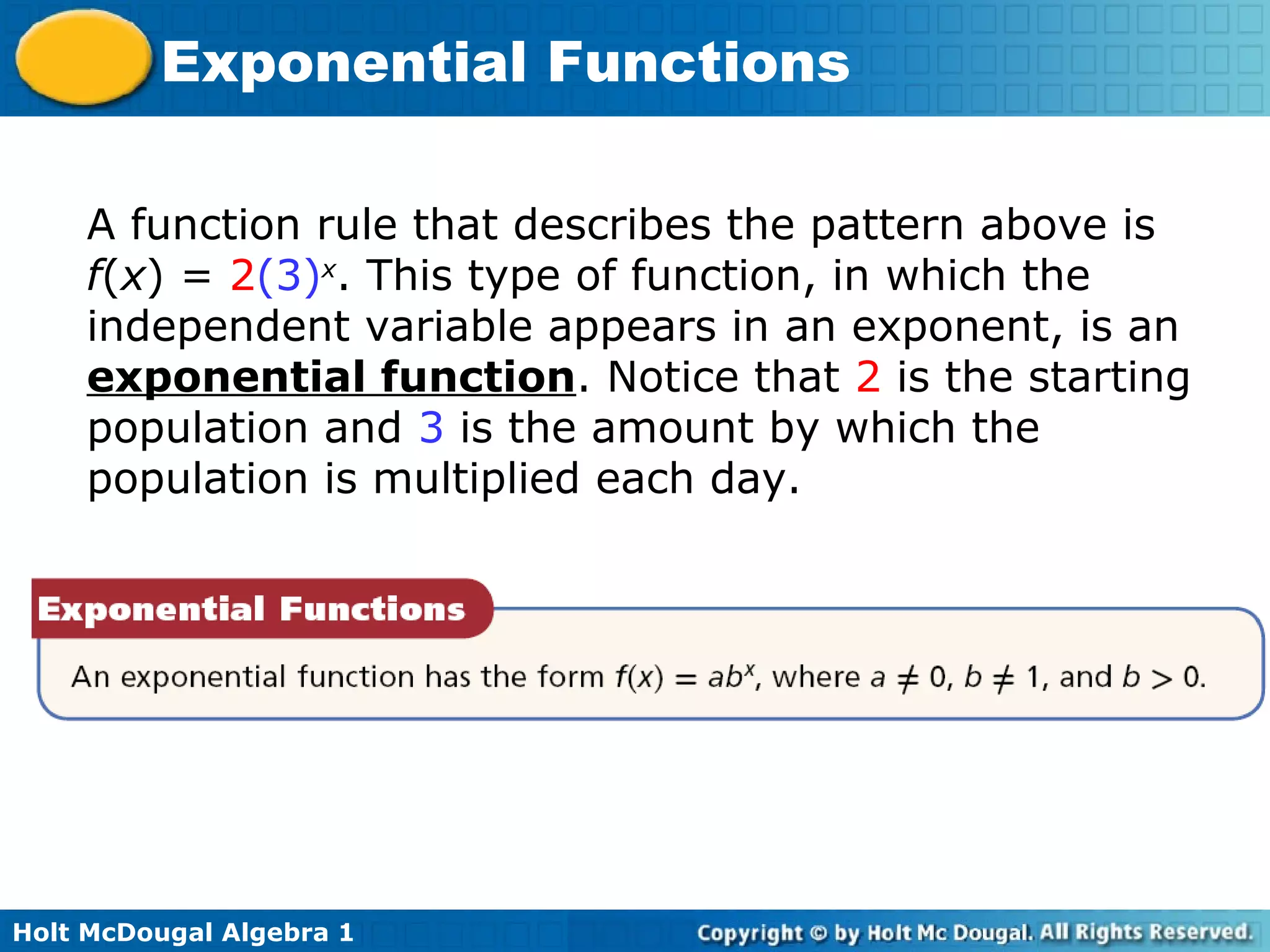 Holt McDougal Algebra 1
Exponential Functions
A function rule that describes the pattern above is
f(x) = 2(3)x
. This type of function, in which the
independent variable appears in an exponent, is an
exponential function. Notice that 2 is the starting
population and 3 is the amount by which the
population is multiplied each day.
 