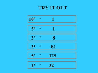 TRY IT OUT 10 0  =  1 5 0  =  1 2 3  =  8 3 4  =  81 5 3  =  125 2 5  =  32 