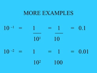 MORE EXAMPLES 10  –1   =  1    =  1  =  0.1   10 1  10   10  –2   =  1    =  1  =  0.01   10 2  100   