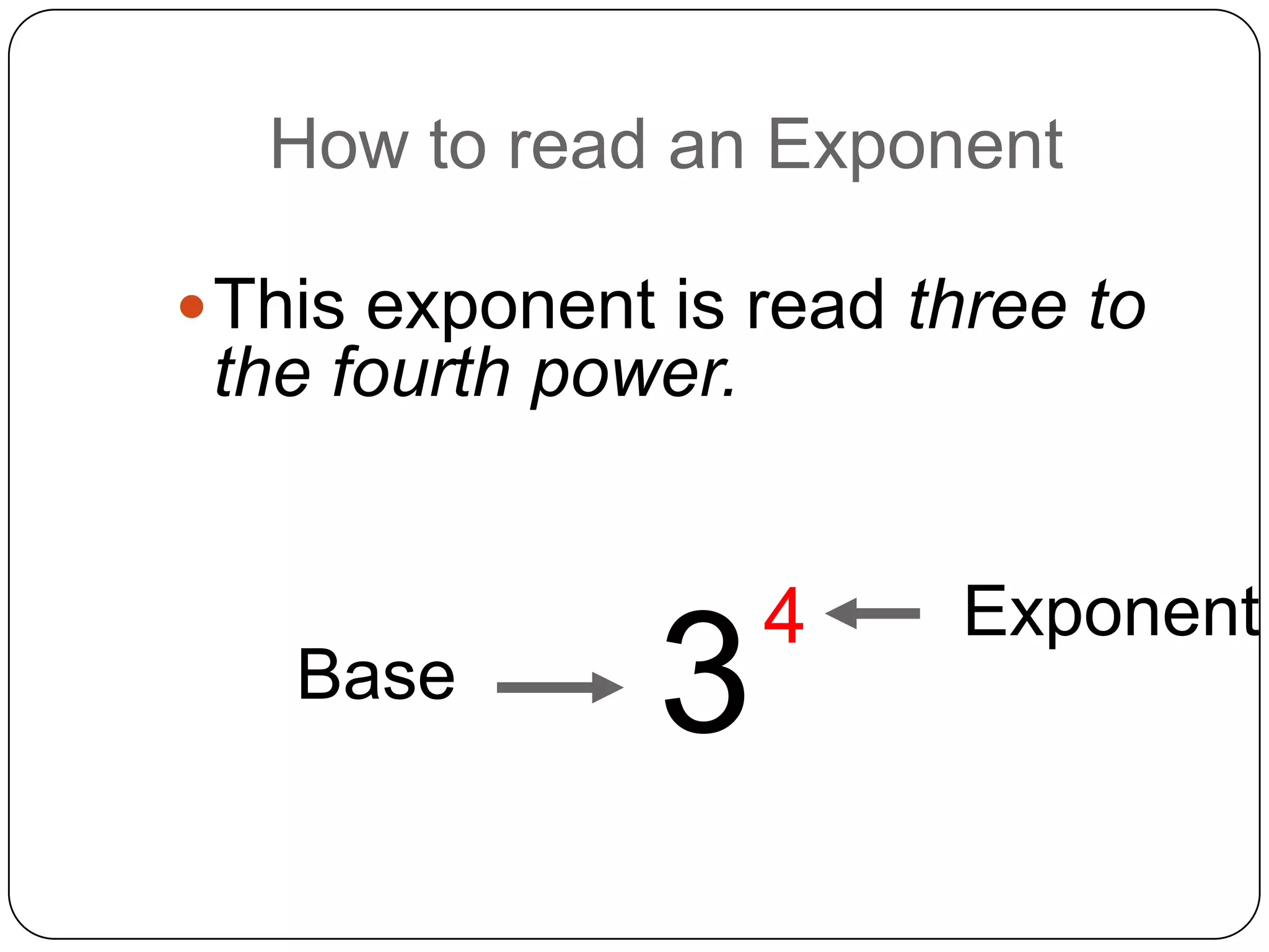 How to read an Exponent

 This exponent is read three to
 the fourth power.


                     4   Exponent
   Base        3
 