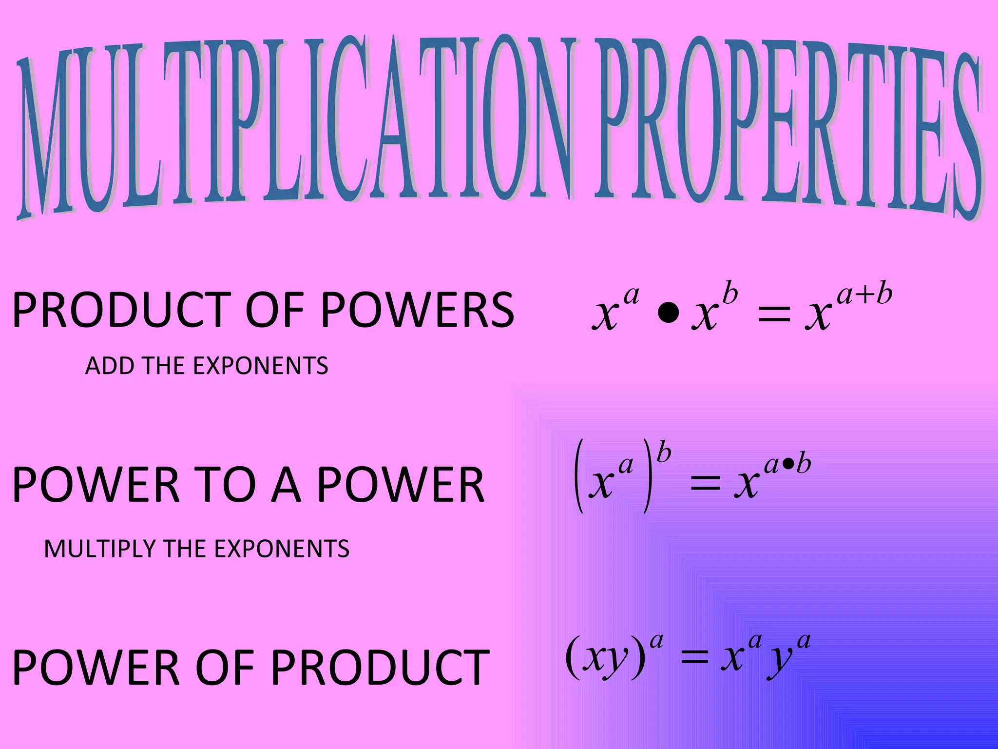 PRODUCT OF POWERS POWER TO A POWER POWER OF PRODUCT ADD THE EXPONENTS MULTIPLY THE EXPONENTS MULTIPLICATION PROPERTIES 