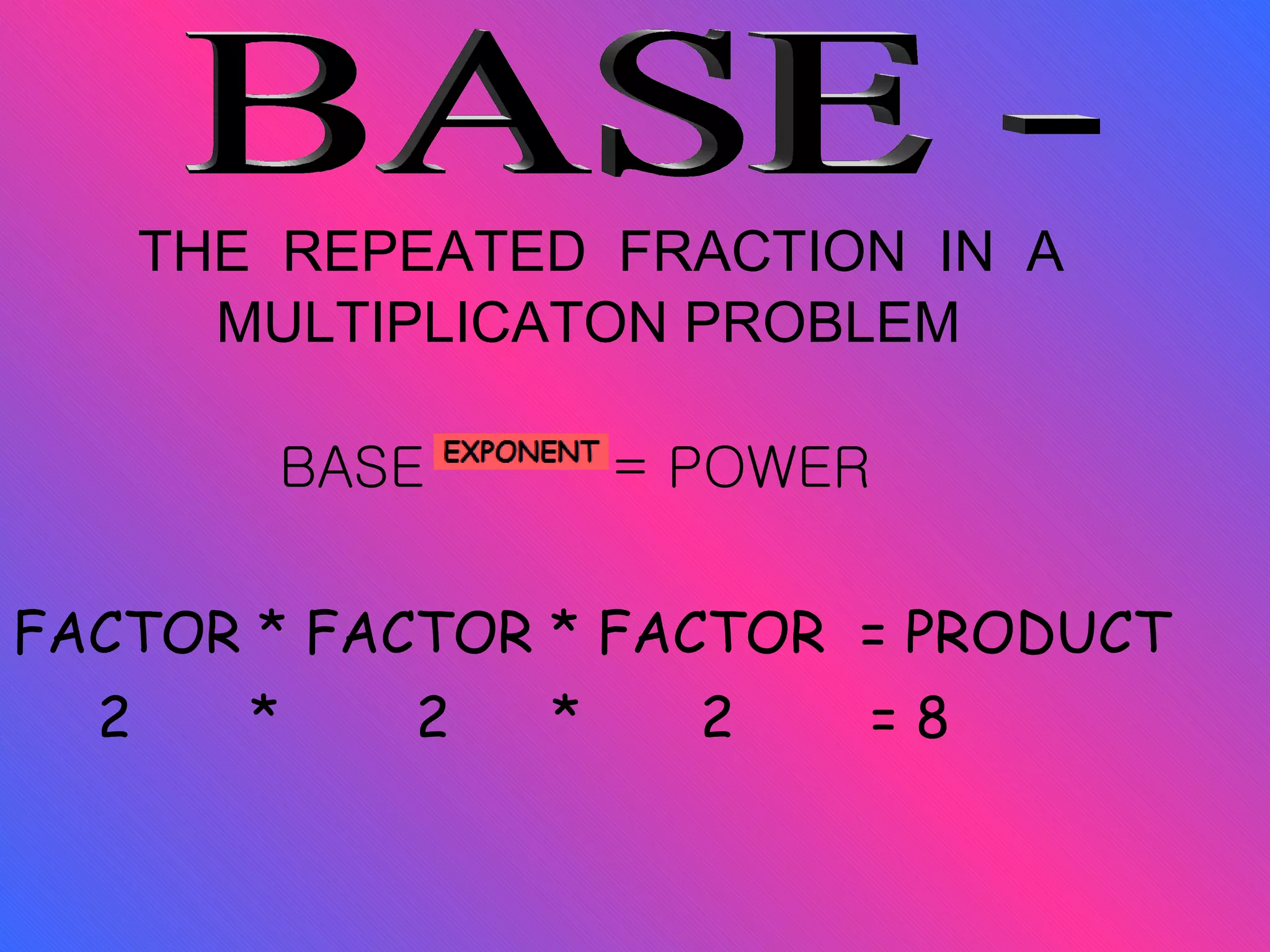 THE  REPEATED  FRACTION  IN  A  MULTIPLICATON PROBLEM BASE  = POWER FACTOR * FACTOR * FACTOR  = PRODUCT 2  *  2  *  2  = 8 BASE - 