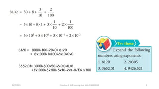 31/7/2021 Chandran A ACE Learning Hub Mob:9360048588 8
8120 = 8000+100+20+0= 8120
= 8x1000+1x100+2x10+0x0
3652.01= 3000+600+50+2+0.0+0.01
=3x1000+6x100+5x10+2x1+0/10+1/100
 