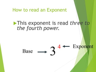 How to read an Exponent
This exponent is read three to
the fourth power.
3
4
Base
Exponent
 