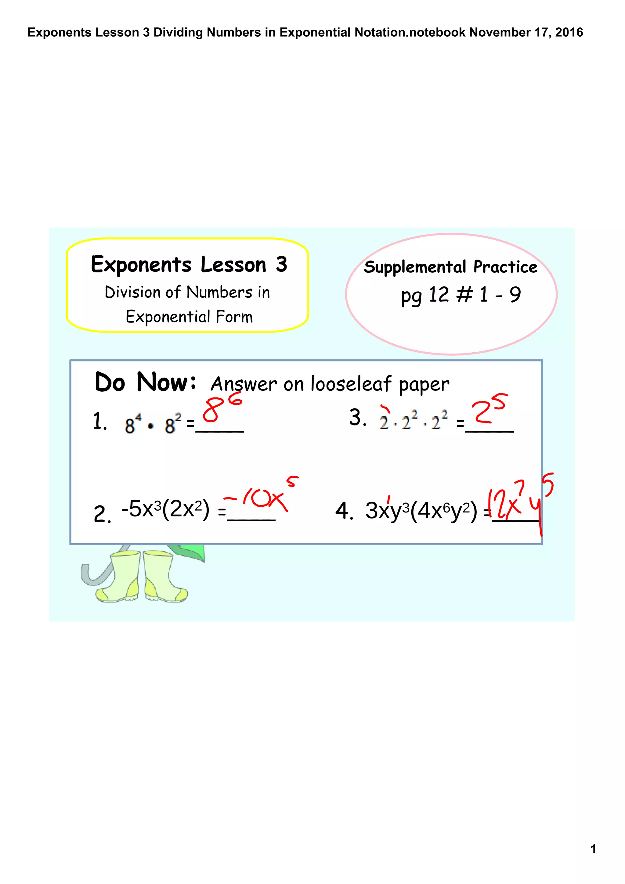 Exponents lesson 3 dividing numbers in exponential notation | PDF
