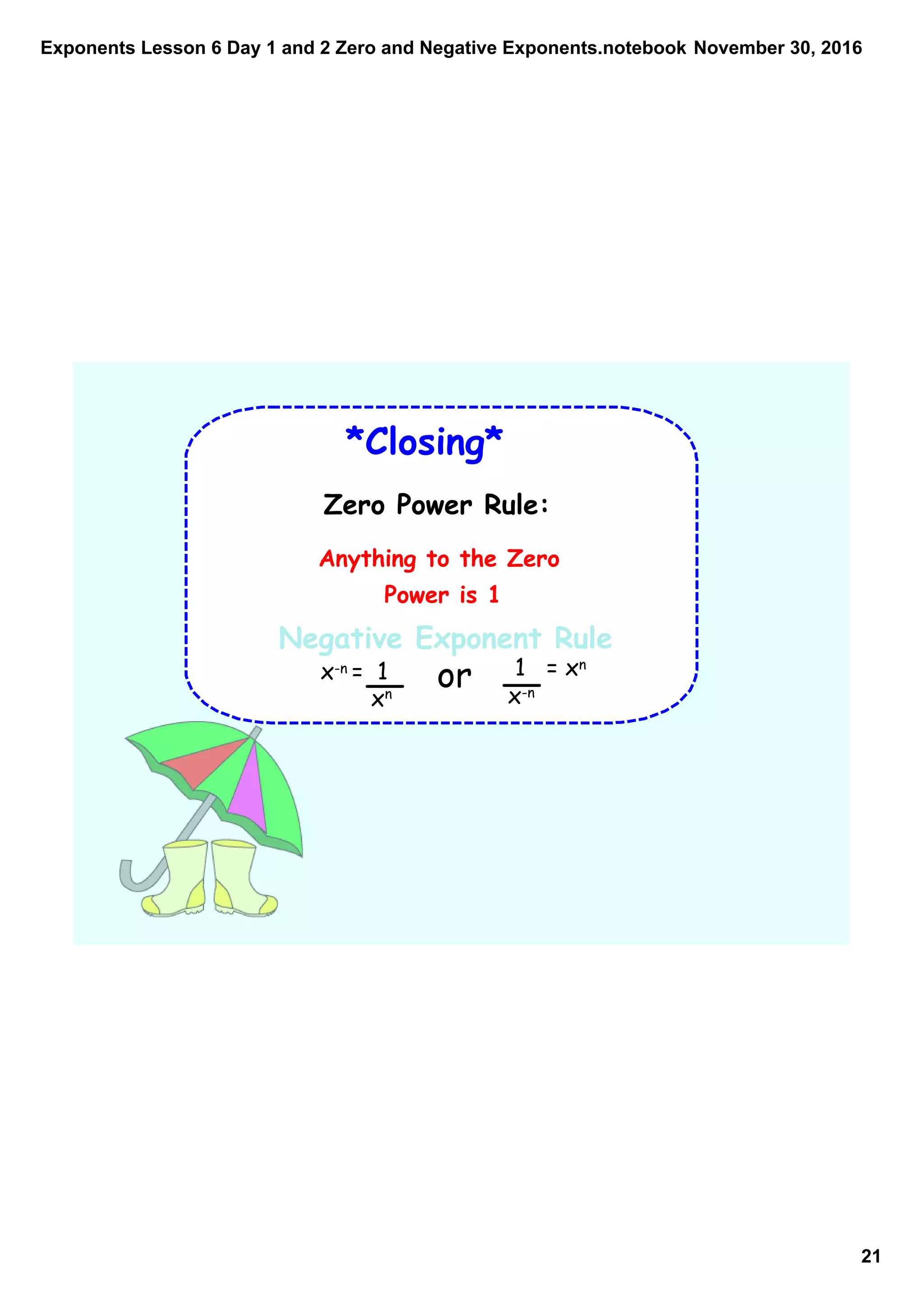 Exponents Lesson 6 Day 1 and 2 Zero and Negative Exponents.notebook
21
November 30, 2016
Zero Power Rule:
Anything to the Zero
Power is 1
Negative Exponent Rule
x-n = 1
xn
or 1 = xn
x-n
*Closing*
 