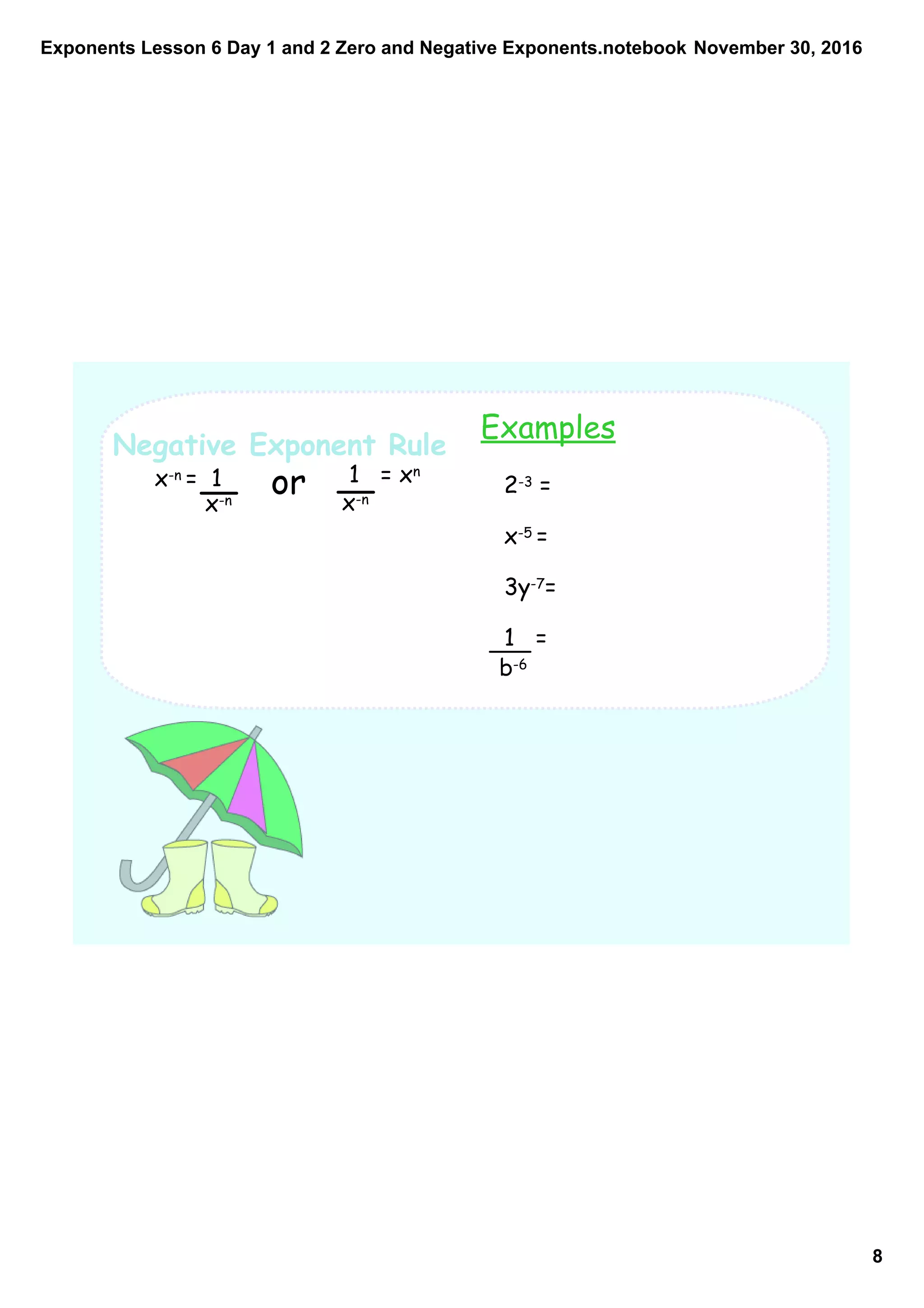 Exponents Lesson 6 Day 1 and 2 Zero and Negative Exponents.notebook
8
November 30, 2016
Examples
Negative Exponent Rule
x-n = 1
x-n
or 1 = xn
x-n
2-3 =
x-5 =
3y-7=
1 =
b-6
 