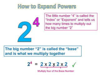 The little number “4” is called the
                       “Index” or “Exponent” and tells us
                       how many times to multiply out
                       the big number “2”




The big number “2” is called the “base”
and is what we multiply together

             4
           2 = 2x2x2x2
                 Multiply four of the Base Number
 