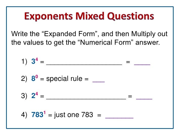 basic exponents and indices expanded form multiplication