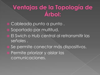  Cableado punto a punto .
 Soportado por multitud.
 El Swich o Hub central al retransmitir las
  señales .
 Se permite conectar más dispositivos.
 Permite priorizar y aislar las
  comunicaciones.
 