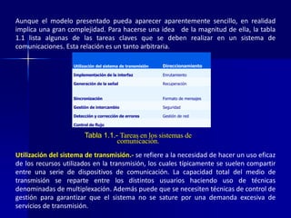 Aunque el modelo presentado pueda aparecer aparentemente sencillo, en realidad 
implica una gran complejidad. Para hacerse una idea de la magnitud de ella, la tabla 
1.1 lista algunas de las tareas claves que se deben realizar en un sistema de 
comunicaciones. Esta relación es un tanto arbitraria. 
Utilización del sistema de transmisión Direccionamiento 
Implementación de la interfaz Enrutamiento 
Generación de la señal Recuperación 
Sincronización Formato de mensajes 
Gestión de intercambio Seguridad 
Detección y corrección de errores Gestión de red 
Control de flujo 
Tabla 1.1.- Tareas en los sistemas de 
comunicación. 
Utilización del sistema de transmisión.- se refiere a la necesidad de hacer un uso eficaz 
de los recursos utilizados en la transmisión, los cuales típicamente se suelen compartir 
entre una serie de dispositivos de comunicación. La capacidad total del medio de 
transmisión se reparte entre los distintos usuarios haciendo uso de técnicas 
denominadas de multiplexación. Además puede que se necesiten técnicas de control de 
gestión para garantizar que el sistema no se sature por una demanda excesiva de 
servicios de transmisión. 
 