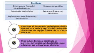 Constituye el instrumento pedagógico-didáctico
que articula a medio y largo plazo el conjunto de
actuaciones del equipo docente de un Centro
educativo.
Debe incluir, de manera coordinada los
proyectos curriculares para las distintas etapas
educativas que se impartan en el mismo.
 
