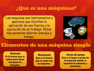 ¿Que es una máquinas?
Las maquinas son instrumentos o
aparatos que facilitan la
aplicación de una fuerza y la
ejecución de un trabajo. Estas
nos permiten ahorrar energía y
tiempo.
Elementos de una máquina simple
Potencia
Es la fuerza que se
aplica para hacer
funcionar la
maquina.
Resistencia
Que es la fuerza
que se vence con
la maquina.
Punto de apoyo
Que es el lugar o punto de
la maquina donde se
soportan la potencia y
resistencia.
 