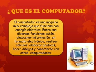 ¿ QUE ES EL COMPUTADOR?
El computador es una maquina
muy compleja que funciona con
energía eléctrica. Entre sus
diversas funciones están:
almacenar información en
formato electrónico, realizar
cálculos, elaborar graficas,
hacer dibujos y conectarse con
otras computadoras.
 