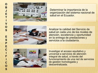 Determinar la importancia de la
organización del sistema nacional de
salud en el Ecuador.
Analizar la calidad del Servicio de
salud en cada uno de los niveles de
atención, excelencia y oportunidad
en la entrega de prestaciones y
servicios a la ciudadanía.
Investigar el acceso equitativo y
universal a servicios de atención
integral de salud, a través del
funcionamiento de una red de servicios
de gestión homologada y
descentralizada.
O
B
J
E
T
I
V
O
S
E
S
P
E
C
I
F
I
C
O
S
 