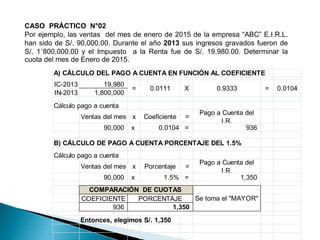 CASO PRÁCTICO N°02
Por ejemplo, las ventas del mes de enero de 2015 de la empresa “ABC” E.I.R.L.
han sido de S/. 90,000.00. Durante el año 2013 sus ingresos gravados fueron de
S/. 1´800,000.00 y el Impuesto a la Renta fue de S/. 19,980.00. Determinar la
cuota del mes de Enero de 2015.
A) CÁLCULO DEL PAGO A CUENTA EN FUNCIÓN AL COEFICIENTE
IC-2013 19,980
IN-2013 1,800,000
Cálculo pago a cuenta
Ventas del mes x Coeficiente =
Pago a Cuenta del
I.R.
90,000 x 0.0104 = 936
B) CÁLCULO DE PAGO A CUENTA PORCENTAJE DEL 1.5%
Cálculo pago a cuenta
Ventas del mes x Porcentaje =
Pago a Cuenta del
I.R.
90,000 x 1.5% = 1,350
COEFICIENTE
936
Entonces, elegimos S/. 1,350
COMPARACIÓN DE CUOTAS
Se toma el "MAYOR"PORCENTAJE
1,350
= 0.0111 X 0.9333 = 0.0104
 