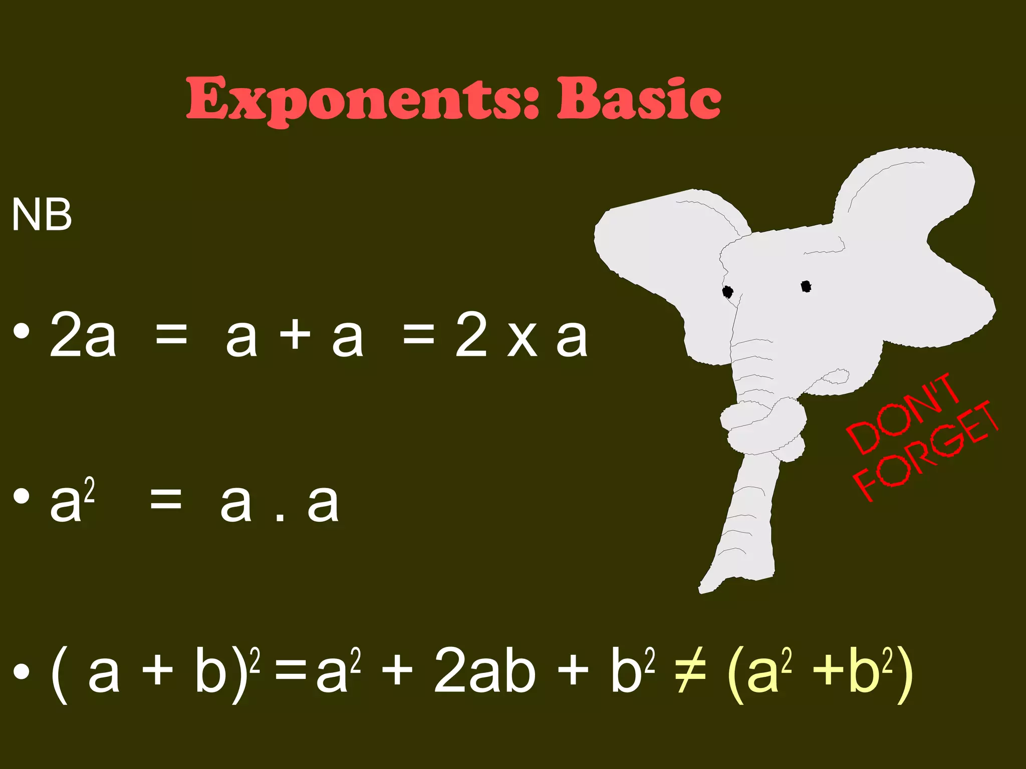 Exponents: Basic
NB

• 2a = a + a = 2 x a
• a2 = a . a
• ( a + b)2 = a2 + 2ab + b2 ≠ (a2 +b2)

 