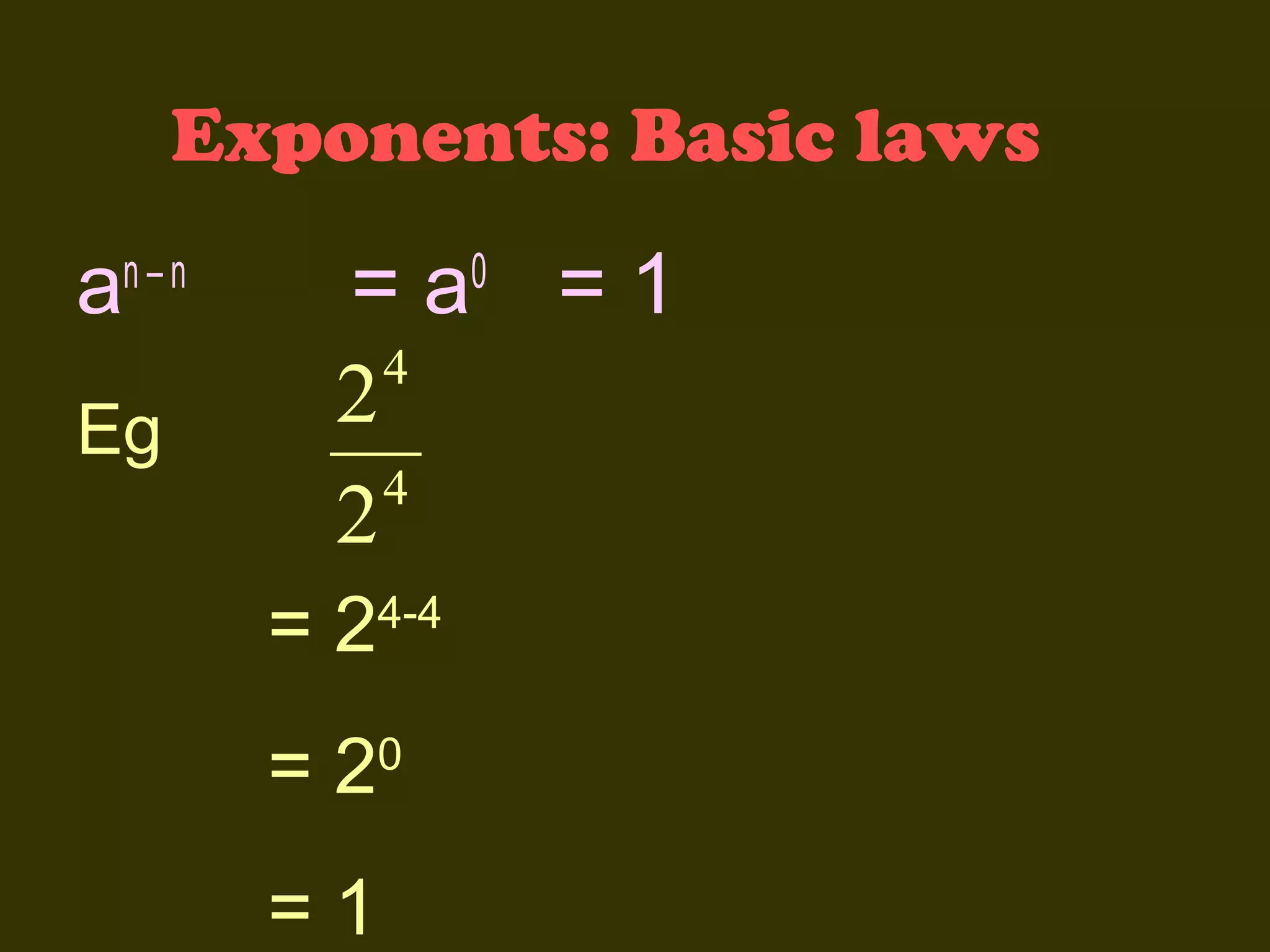 Exponents: Basic laws

a

n–n

Eg

=a
4
2
4
2
= 24-4
= 20
=1

0

=1

 